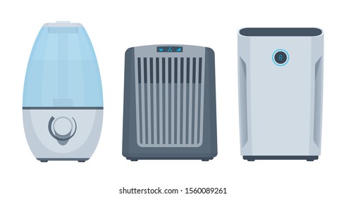 Vector flat isolated appliances set. Air purifiers & humidifiers