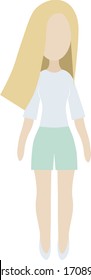Vektorillustration flach einzeln auf blonden Mädchen, die gerade in blauem Hemd und grünen Hosen bleiben