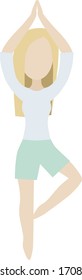 Vector flat isolated blonde girl doing yoga posture in blue shirt and green shorts
