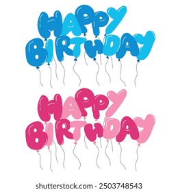 Vector flat isolated blue and pink balloon text of Happy Birthday. Inflatable balls for birthday celebrations. Concept of celebration and happy birthday holiday