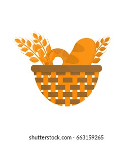 Vector flat isolated busket with bread and wheat on the white background. Concept of organic food, summer and harvest.