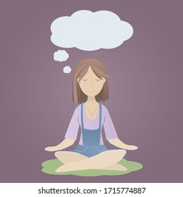 Vector flat isolated colored girl in yoga lotus position meditating with thoughts bubble and closed eyes on purple background