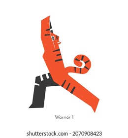 Vector flat isolated concept with athletic animal character. Korean tiger learns relaxing poses and does Warrior 1 at yoga practice. Basic exercise for beginners. Symbol of 2022 New Year