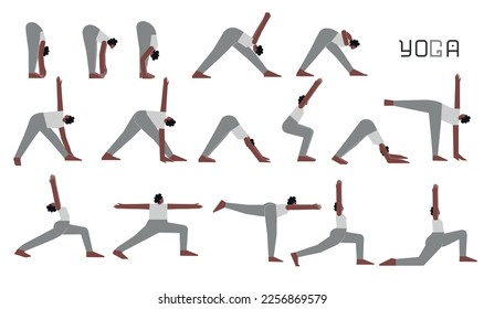 Vector flat isolated concept collection with female character doing yoga. African American woman learns stretching postures with bend. Set of sports balance exercise for beginners