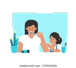 Vector flat isolated concept. Dental daily routine. Happy family with mother and daughter clean teeth by toothbrushes in front of mirror. Health care and oral hygiene to prevent caries, remove tartar
