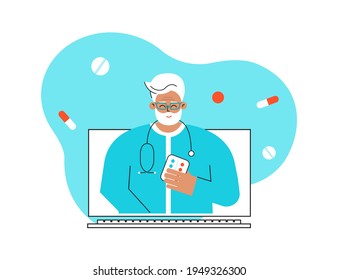 Vector flat isolated concept. Online medical consultation, diagnostic. Old Caucasian doctor uses video call. Computer display. Senior man works from home, psychiatrist helps choose therapy for patient