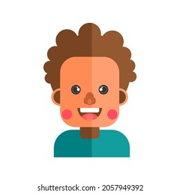 Vector flat isolated concept with portrait of cartoon character. Face of child. Avatar of preschool boy with frizzy curly brown hair, bright skin. Cute little guy smiles. White background