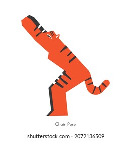 Vector flat isolated concept with sportive flexible animal character. Asian tiger learns relaxing posture and does Chair Pose at yoga practice. Basic exercise for beginners.