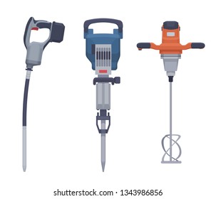 Vector flat isolated construction power tools concrete vibrator jackhammer and concrete mixer stirrer