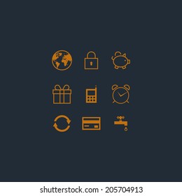 Vector flat isolated design icons set. Earth globe with continents, closed lock, coin savings in money-box, gift or present, mobile(cellular) phone, alarm-clock, recycling arrows, radio, water valve