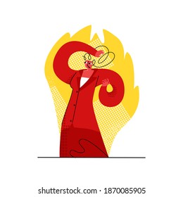 Vector flat isolated illustration with angry, aggressive woman in uniform of office employee. She is in flames of fire. It is metaphor. Concept emotional experience, intemperance, stress, burnout.