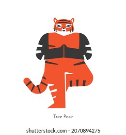 Ilustración aislada vectorial con carácter animal. El tigre asiático aprende una postura relajante y hace posar el árbol en la clase de yoga. Ejercicio básico de equilibrio permanente para principiantes
