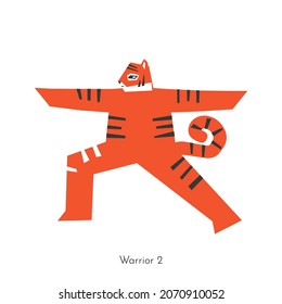 Vector flat isolated illustration with animal character. Amur tiger learns sportive posture and does Warrior 2 pose at yoga class. Standing exercise for beginners. Symbol of Chinese New Year 2022