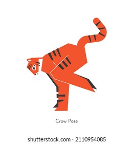 Ilustración aislada vectorial con caricatura animal aprendiendo yoga y balance de brazos. El tigre coreano hace asana básica - pose de cuervo. Ejercicio deportivo - Kakasana. Concepto de estilo de vida saludable