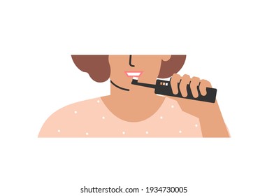 Vector flat isolated illustration. Beautiful portrait of Caucasian woman cleaning teeth by electric toothbrush to save its healthy. Daily dental routine to prevent caries, plaque and remove tartar 