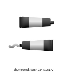 vector flat isolated illustration card with icon charcoal tooth paste. Opened and closed black tubes. White background