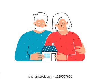 Vector flat isolated illustration. Cartoon senior owners hold little home. Old caucasian man hugs his wife. Pensioners are smiling cause bank approved loan to buy home. Happy elderly mortgagor