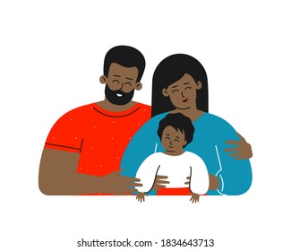 Vector flat isolated illustration with cartoon characters. African american family with young adult parents are smiling. Happy mom cuddles her little kid, handsome father hugs them. White background
