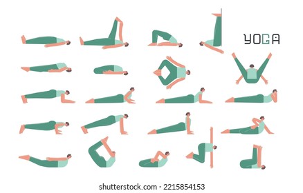 Vector flat isolated illustration collection with female character doing yoga. Caucasian woman learns lying on back and plank postures. Set of basic sports exercise for beginners