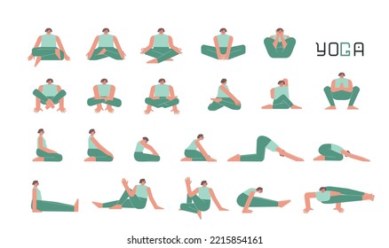 Vector flat isolated illustration collection with female character doing yoga. European woman learns relaxing sittiing postures for meditation. Set of basic sports exercise for beginners