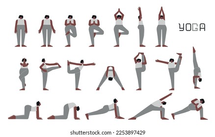 Colección de ilustraciones aisladas de vectores con personaje femenino haciendo yoga. La mujer afroamericana aprende a mantenerse en pie. Conjunto de ejercicios de equilibrio deportivo básico para principiantes