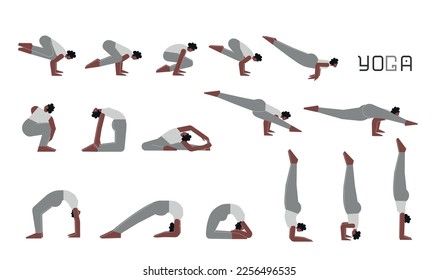 Vector flat isolated illustration collection with female character doing yoga. African American woman learns handstand and back bend postures. Set of basic sports balance exercise for beginners