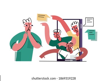 Vector flat isolated illustration with concept of Internet trolling, bullying, gaslighting, threats, negative emotions during correspondence. Man is shown looking fearfully into magnified phone.