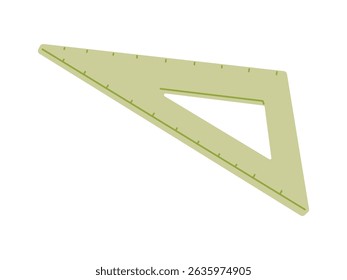 Vector flat isolated illustration of a green triangle ruler. Ideal for school supplies, geometry tools, math education, drawing, or back to school design projects.