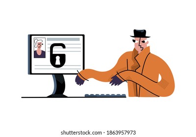 Vector flat isolated illustration with hacker, identity thief at work. Concept doxing, hacking, pwned, security of social networks and personal data.