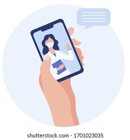 Vector flat isolated illustration hand and smartphone screen with female therapist in medical mask. Online doctor consultation