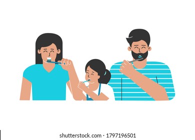 Ilustración aislada de vectores. Feliz familia latina (madre, padre, linda hija) limpiando dientes con cepillos de dientes. Atención de salud e higiene bucal para prevenir caries, eliminar el tartar. Rutina dental diaria.