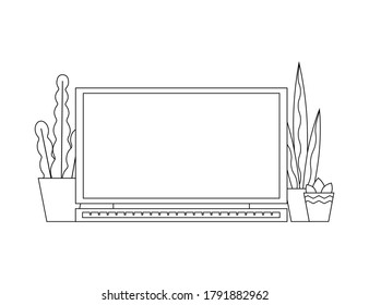 Vector flat isolated illustration with Laptop Template with blank display, copy space for text or digital objects. Plants are back. Notebook is as symbol to online shopping, network. Black line art