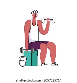 Vector flat isolated illustration on the topic of sports, strength training, muscle building. It depicts a man who is engaged with dumbbells. You can use the element in web design, banners, etc.