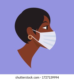Ilustración aislada vectorial que retrata a una joven afroamericana con máscara facial médica. Médico afro, voluntario o enfermo. Concepto de cuarentena. Para arte, avatar