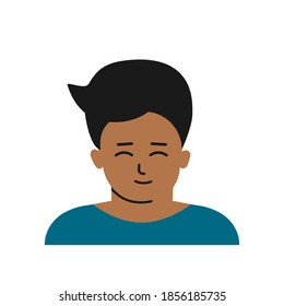 Vector flat isolated illustration with portrait of cartoon character. Avatar of Asian little boy. He has brunette hair, slightly dark skin. Cute Korean guy is smiling. White background