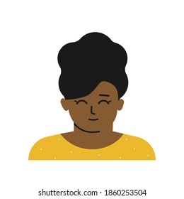 Ilustración aislada vectorial con retrato de personaje de dibujos animados. Avatar de una chica afroamericana con el pelo rizado de morena, piel oscura. Una pequeña nigeriana linda está sonriendo. Fondo blanco