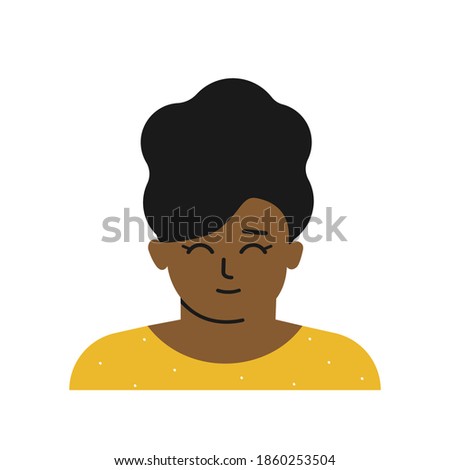 Vector flat isolated illustration with portrait of cartoon character. Avatar of African american girl with brunette curly hair, dark skin. Cute Nigerian little woman is smiling. White background