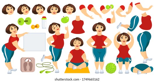 Vector flat isolated illustration. Set for creating a character for animation. Yoga, fitness, gymnastics. Woman in full growth, squat, front, side, accessories, poses, emotion.