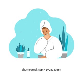 Vector flat isolated illustration with smiling Caucasian young woman in bathroom, wearing in towel, bathrobe. Skin care routine. Using cosmetic products as moisturizing face cream, serum. Copy space