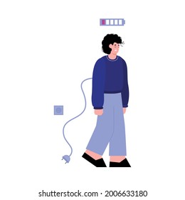 Vector flat isolated illustration of a tired unplug from socket sad young man. Guy with indicator showing low power level battery. People needing a charge of energy.