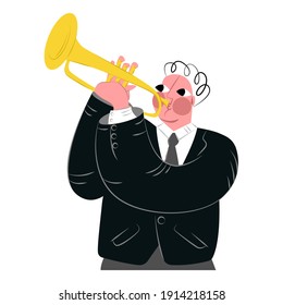 Vector flat isolated illustration with trumpeter, musician playing music, jazz. Concept performance, concert, classics, melodies.
