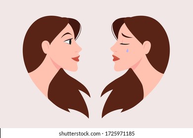 Vector Flat Isolated Illustration 
Two Cute Faces. Woman With Different Emotion Or Bipolar Disorder In Good Mood And Depression. Couple Female Twins Or Reflection