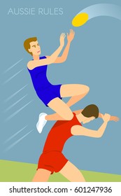 Vector flat isolated illustration of two sporty boys playing Australian rules football. Mark of the year. Aussie sport. Jumping on rival's shoulders for catch a ball. Male strength and power.