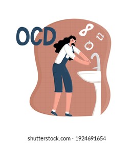 Ilustración aislada de vectores, joven mujer lavándose las manos. La repetición de los símbolos y el infinito se muestran en la parte superior. Enfermedades mentales con el concepto de trastorno obsesivo-compulsivo o trastorno OCD.