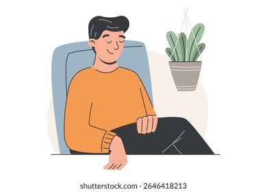 Vector flat isolated illustration of a young man relaxing in an armchair. Minimal interior with indoor plant. Perfect for concepts of rest, mindfulness, daily routine, and modern lifestyle visuals.