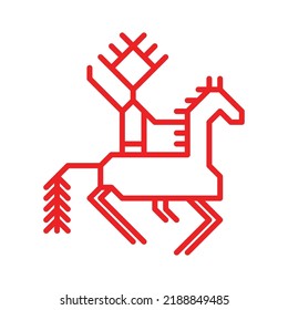 Vector flat isolated ornamental illustration has red simple symbol of horse and man on back. Outline icon with foal and rider is traditional decorative element of Karelian and Finnish peoples