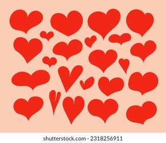 Vector flat isolated red hearts collection. Elements imperfect forms. Unique illustration foe St Valentines day