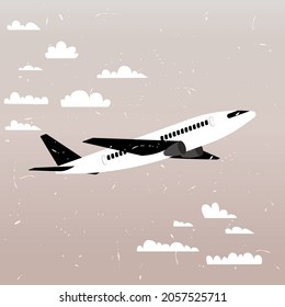 Ilustración retrospectiva aislada de un avión que vuela por el cielo contra un fondo de cielo gris, nubes con el papel de la textura artesanal. Concepto viajes, turismo.