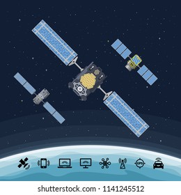 Vector flat isolated satellite in the space. Communication concept with telecom icon set.