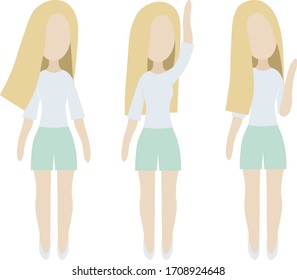 Vector flat isolated set of blonde girl in green pants staying and waving